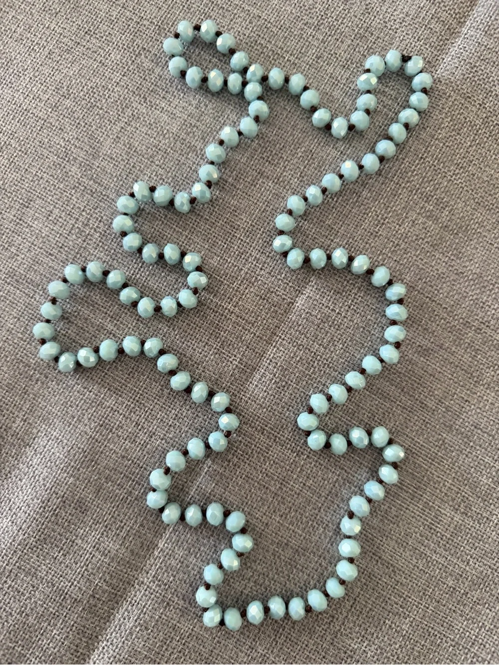 Blue Crystal Glass Beaded Long Necklace Knotted Between Each Bead | Brown Thread